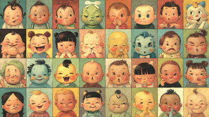 Assorted moods of infants illustrated in a cheerful, childlike style
