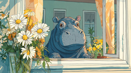A sunny day illustration with a hippopotamus and daisies at a window scene