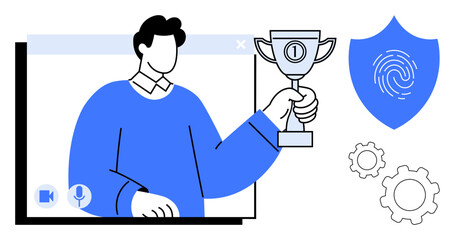 Man in a video frame holding a trophy, shield with fingerprint, and gears symbolize success, security, and teamwork. Ideal for business, achievement, technology, innovation remote work leadership