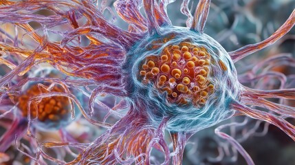 Detailed microscopic view reveals neurons with orange centers and spidery filaments