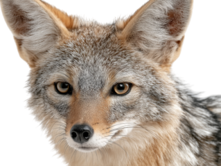 A close-up shot of a jackal's face, its attentive gaze drawing you in, revealing the detailed texture of fur and intensity in its eyes