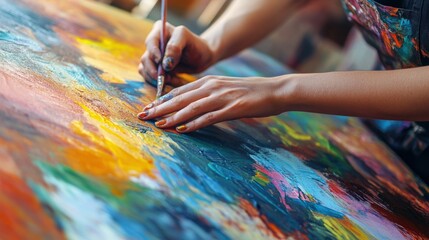 Fototapeta premium The artist is carefully painting on a colorful canvas with a brush