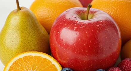 Fresh fruit close-up. Colorful pears, apples, and oranges