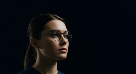Woman, Young, Girl, Thoughtful young woman in glasses against black background
