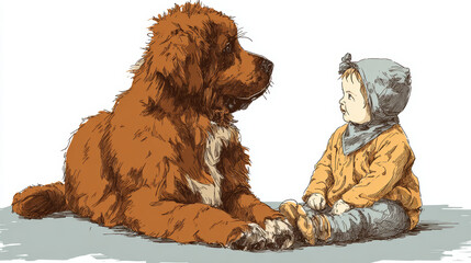 Baby sits beside a large brown dog, both captured in a sweet moment of companionship in vector style