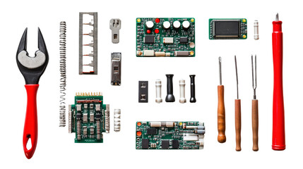 Soldering tools and electronic repair parts, Transparent background, PNG file