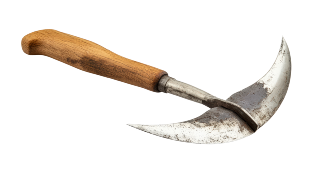 Steel sickle with wooden handle Transparent background, PNG file