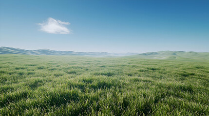 Fototapeta premium Wide grassy plain under a clear, bright sky with gentle rolling hills in the distance. Lush green grass stretches to the horizon. A single, soft, white cloud floats in the azure sky