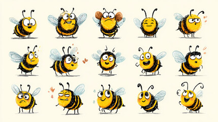 Collection of cute cartoon bees each showing a unique facial expression