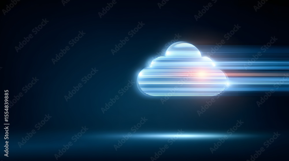 Poster a glowing cloud icon with horizontal light trails on a dark background, symbolizing fast cloud compu