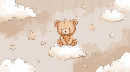 Cute baby bear illustration surrounded by stars and clouds