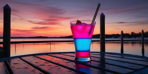 Colorful Cocktail Overlooking Tranquil Pink and Blue Sunset

