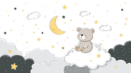 Cute baby bear illustration surrounded by stars and clouds