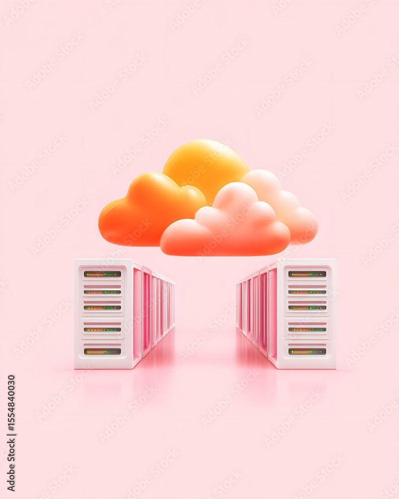 Poster two server racks face each other with three colorful, stylized clouds floating above on a soft pink 