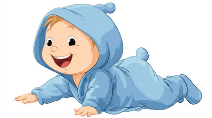 Delightful vector of a laughing, crawling baby wearing a blue onesie
