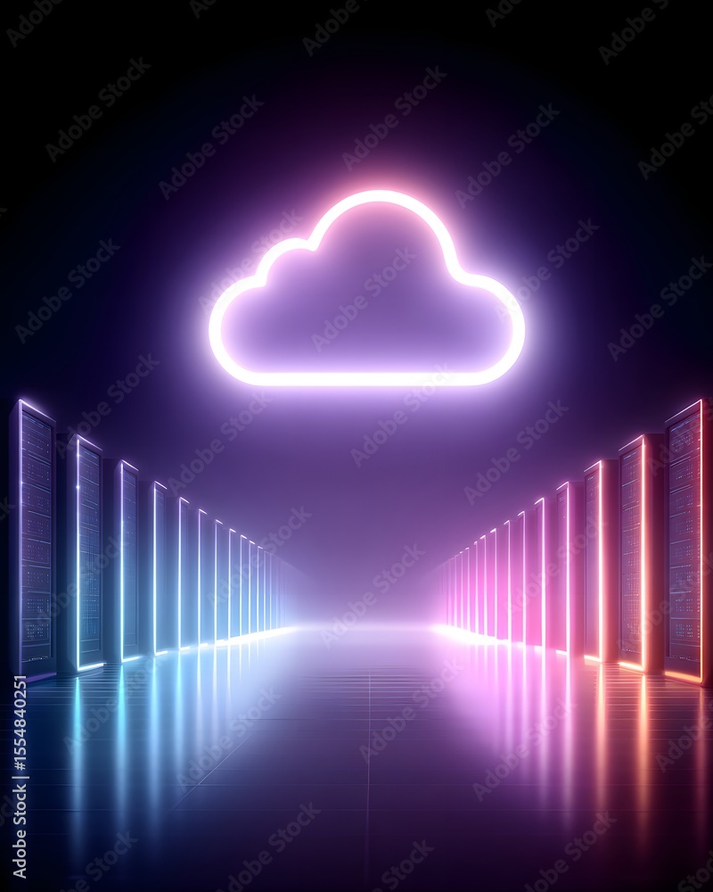 Poster neon cloud icon hovering above glowing server racks in a futuristic data center with a dark, reflect