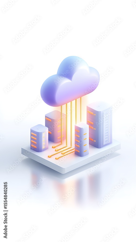 Poster a 3d illustration of a cloud connected to four servers on a platform, representing cloud computing a