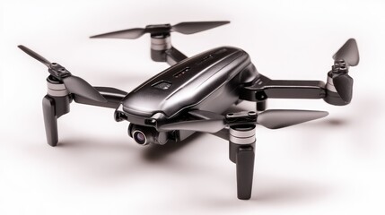 A close-up of a small drone isolated, with its propellers and body visible in sharp detail.
