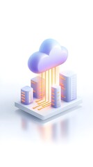 A 3D illustration of a cloud connected to four servers on a platform, representing cloud computing and data storage technology.