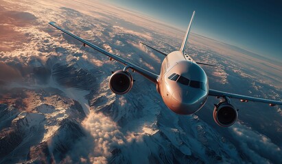 Photorealistic bird's-eye view of commercial airplane flying over snow-capped mountains with expansive sky showcasing sleek design and serene motion