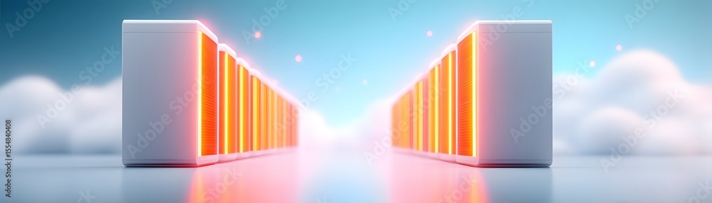 Aufkleber futuristic data center with glowing server racks reflecting on glossy floor under a soft blue sky wi