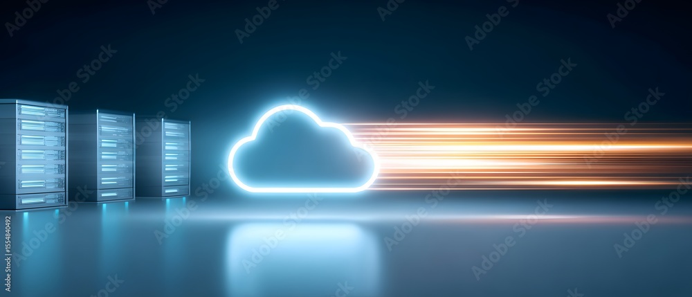Poster glowing cloud icon connected to server racks, symbolizing fast cloud data transfer and digital stora