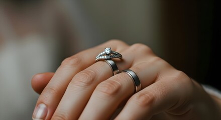 Wedding rings, Engagement ring, Diamond ring, Close-up of a Hand with Wedding Rings