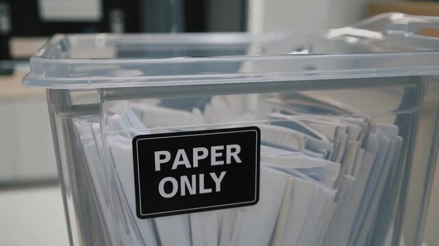 Organizing paper waste in a clear recycling bin for an efficient office cleanup