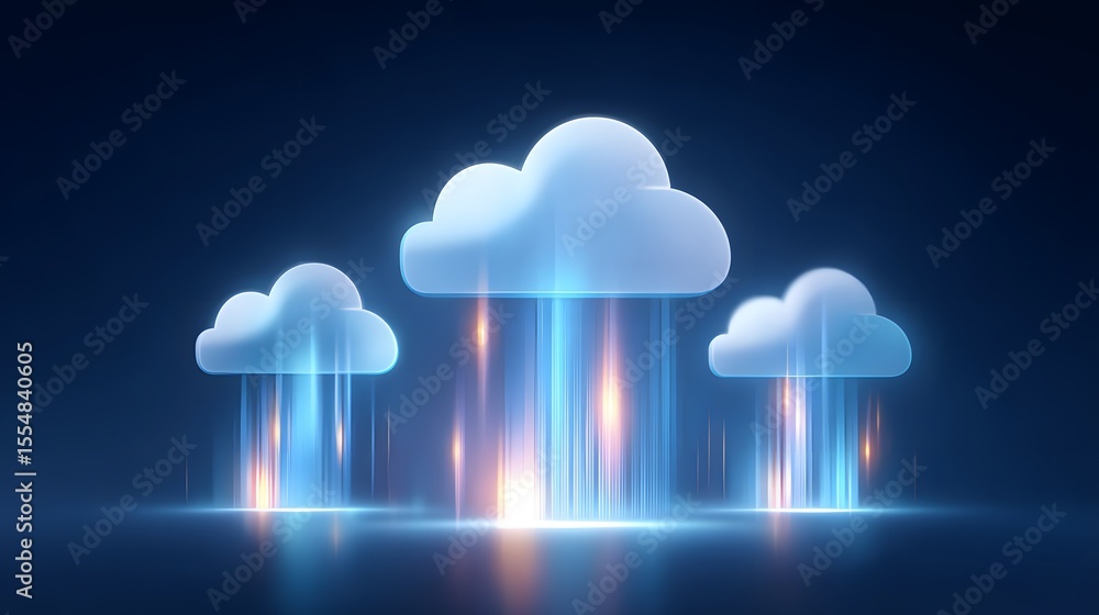 Poster digital illustration of three glowing clouds with vertical light streaks beneath them on a dark blue