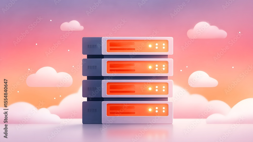 Poster a stack of four server units glowing with orange lights floats amidst soft clouds under a pink and o
