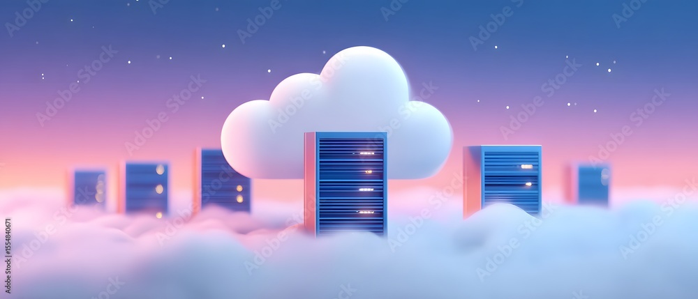 Poster a digital illustration of cloud computing with servers floating among clouds under a starry sky, sym