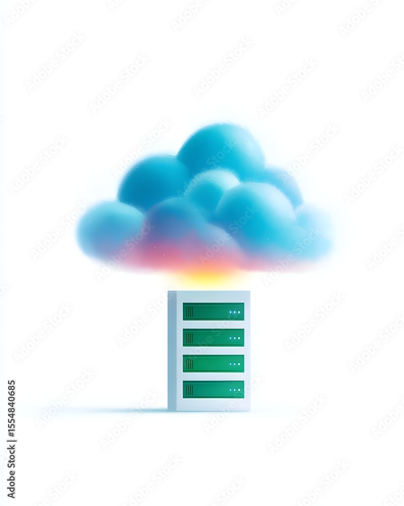 Poster a digital illustration showing a cloud above a server rack, symbolizing cloud computing and data sto