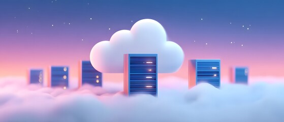 A digital illustration of cloud computing with servers floating among clouds under a starry sky, symbolizing data storage and cloud technology.