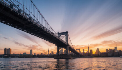 Naklejka premium Sunrise view of the Manhattan skyline, with the Manhattan Bridge spanning the foreground.