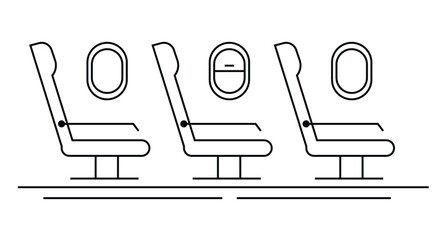 Row of Seats Inside a Passenger Airplane Line Art Isolated on White. Aviation and transportation means concept vector art