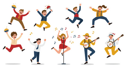 Joyful people celebrating with music, singing, and dancing, expressing exuberant happiness.