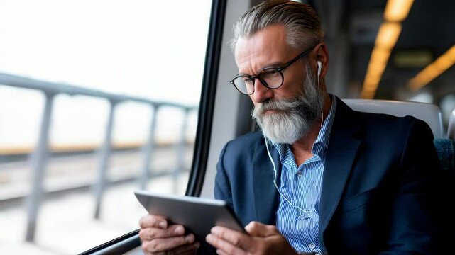 Mature man with gray beard in suit and glasses on train using digital tablet and earphones, focused and thoughtful, relaxed during commute and travel, enjoying music and technology