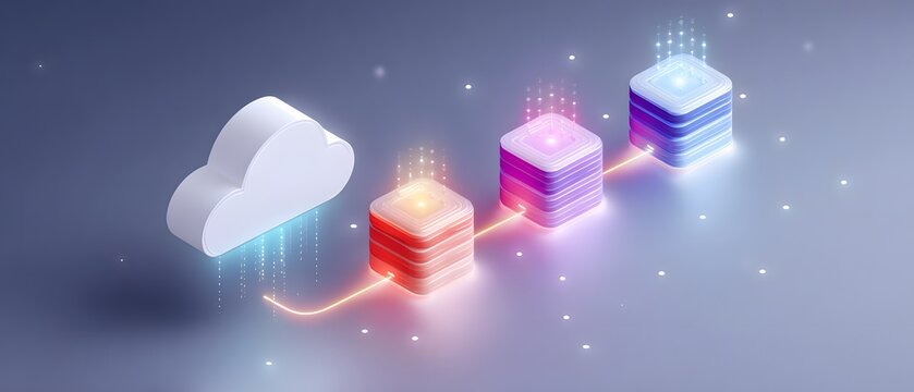 Digital cloud computing concept with data storage cubes connected by glowing lines on a dark gradient background.