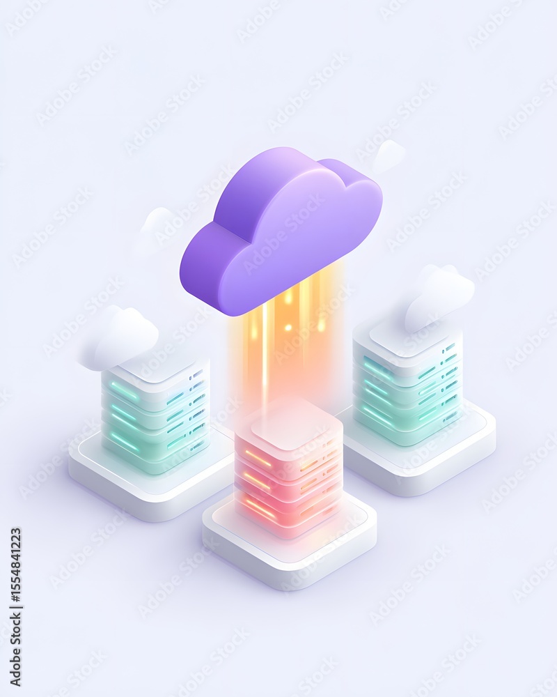 Poster a 3d illustration of cloud computing with a purple cloud transferring data to three server stacks, r
