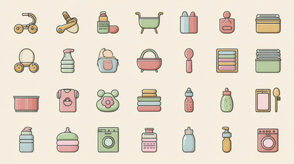 Icon set featuring baby essentials like toys, feeding supplies, and care items