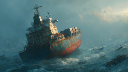 Cargo ship capsizes in stormy waters near bustling harbor town