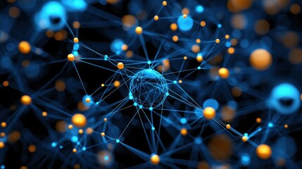 Obraz premium Connected blue, orange spheres linked by thin lines