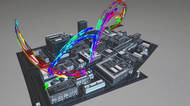 3D visualization of urban space with dynamic flow patterns showcasing movement and energy in a complex environment
