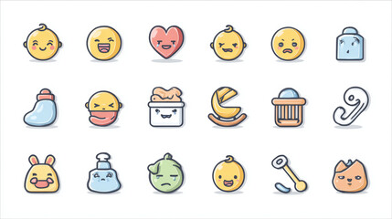 Icon set showing baby emotions like joy and tears along with classic baby items
