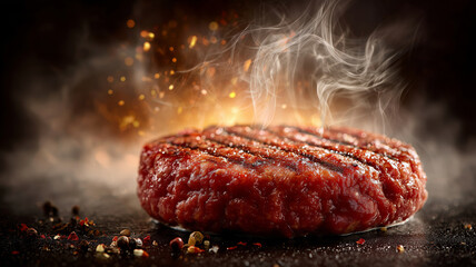 Juicy raw red beef hamburger patty sizzling on grill with smoky aroma