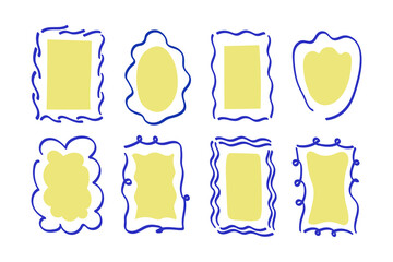 Coloured Frames border hand drawn. Elegant emblems in sketch style. Set with abstract ornamental template background. Vector illustration. Stamp cards for design, flyer, birthday. Backdrop for text