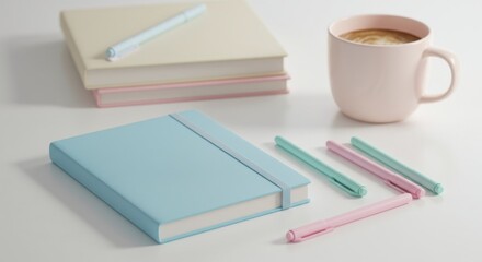 Pastel notebooks and stationary on white background