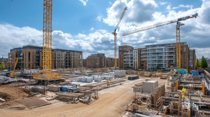Fototapeta premium A large-scale property development project underway, with cranes, construction workers, and newly laid foundations.