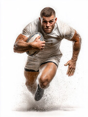 An intense rugby player in a white kit is sprinting with determination, gripping the ball securely. Dust flies around him as he makes a powerful charge, showcasing athleticism and grit.