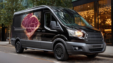A small, black delivery van is parked along a bustling street, its sleek exterior gleaming under the urban lights. The surrounding area exudes vibrant city life, hinting at activity nearby.